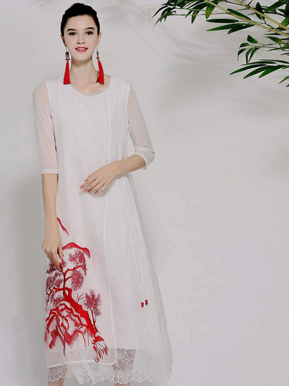 Women's Summer Silk Organza Lace Tie Vintage Embroidered Dress