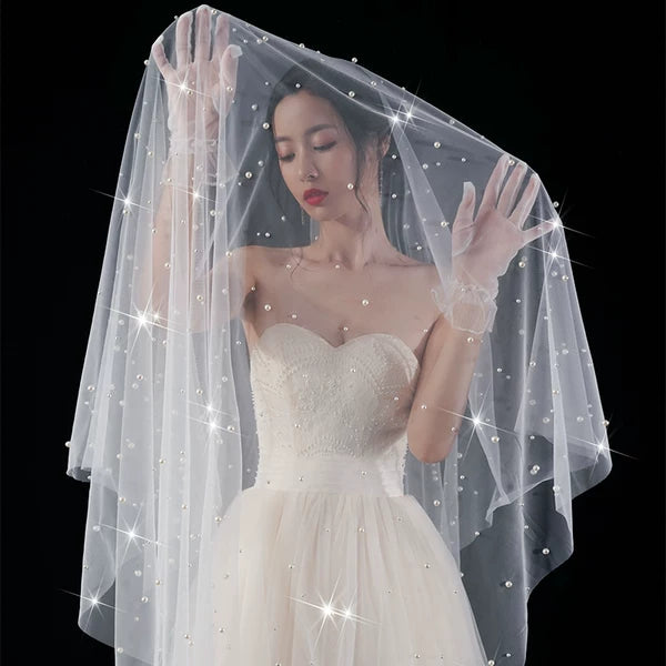 Wedding Veil Pearls Bride Photo Props Long Universal