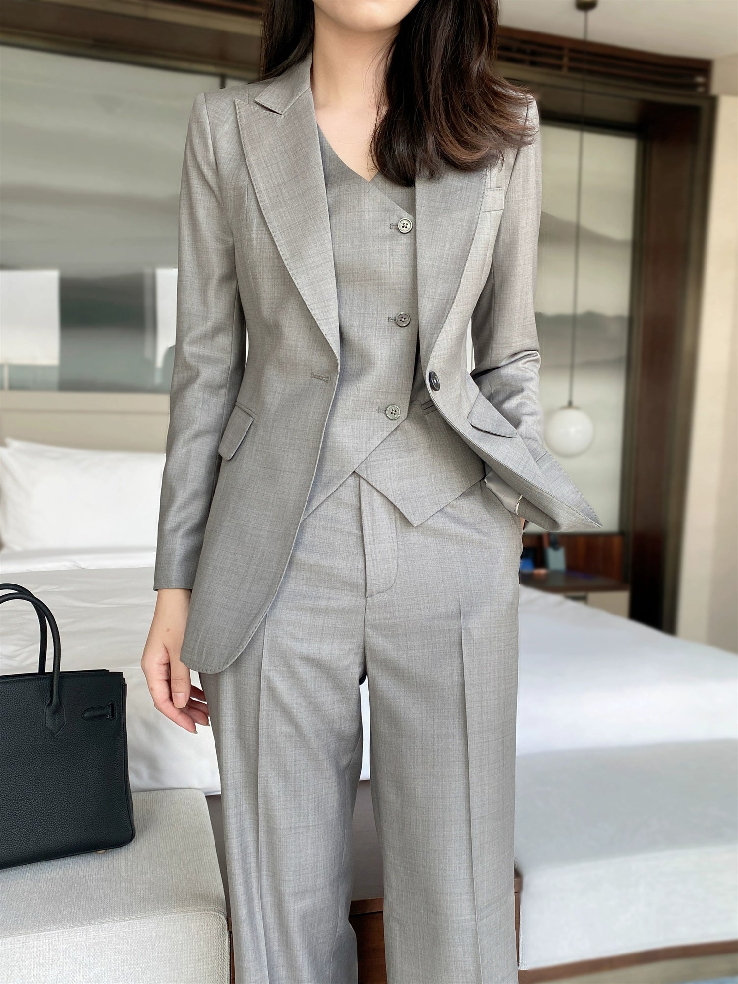 Light Grey Wool Blend Women's Suit Vest & Trousers