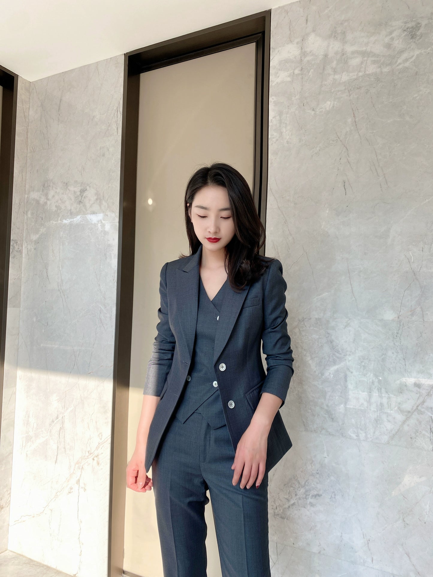 Women's Dark Grey Spring Autumn 3-Piece Suit Vest & Trousers