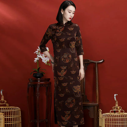 Vintage Chinese Cheongsam Silk Dress with Floral Print High Slit