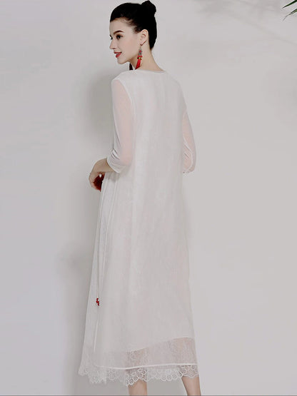 Women's Summer Silk Organza Lace Tie Vintage Embroidered Dress