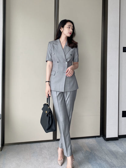 High-End Light Grey Short‑Sleeve Summer Suit Set for Office