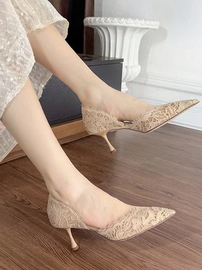 Nude High Heel Wedding Shoes with Lace Hollow Design