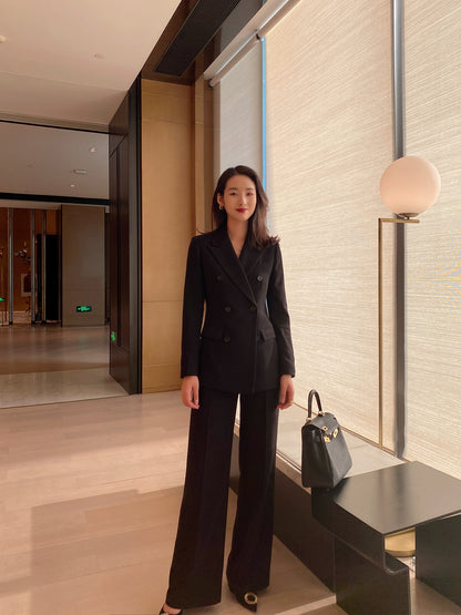 Women's Demi-Season Woolen Suit Jacket & Trousers Set Classic Black