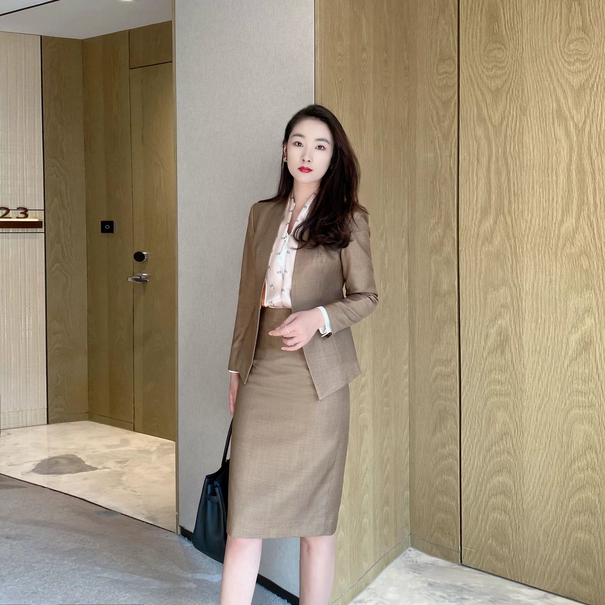 Elegant Autumn Coffee-Colored Classic Women's Suit with Fitted Skirt