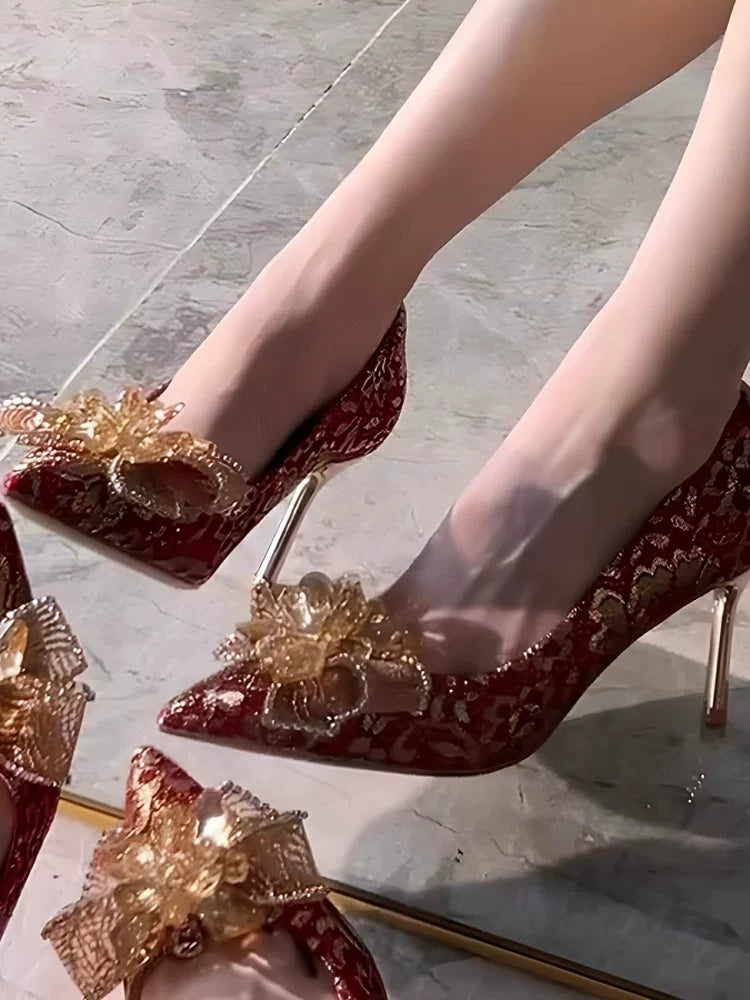 Red Chinese Wedding Shoes With Crystal Rhinestones