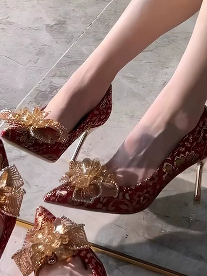 Red Chinese Wedding Shoes With Crystal Rhinestones