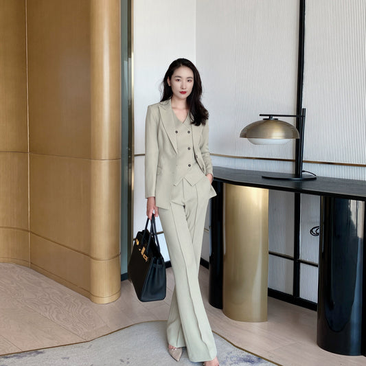 Elegant Khaki Women's Three-Piece Suit with Jacket Vest Flared Trousers