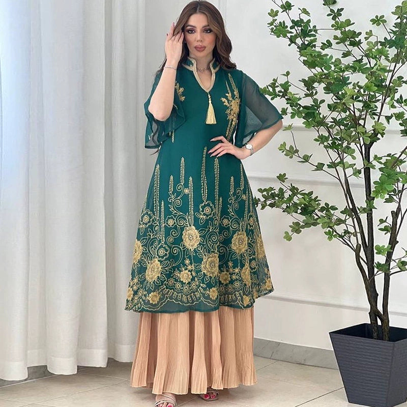 Elegant Pakistani Mesh Embroidered Chiffon Dress with Tassel Details