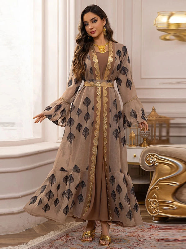 Elegant Khaki Arabic Embroidered Fashionable Two?Piece Dress Set