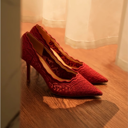 Elegant Lace Mesh Stiletto Heels, Spring Classic, 8cm Red