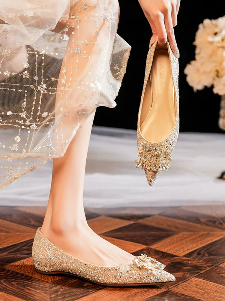 Elegant Bridal Flat Shoes with Crystal Detail, Low Heel, Convertible