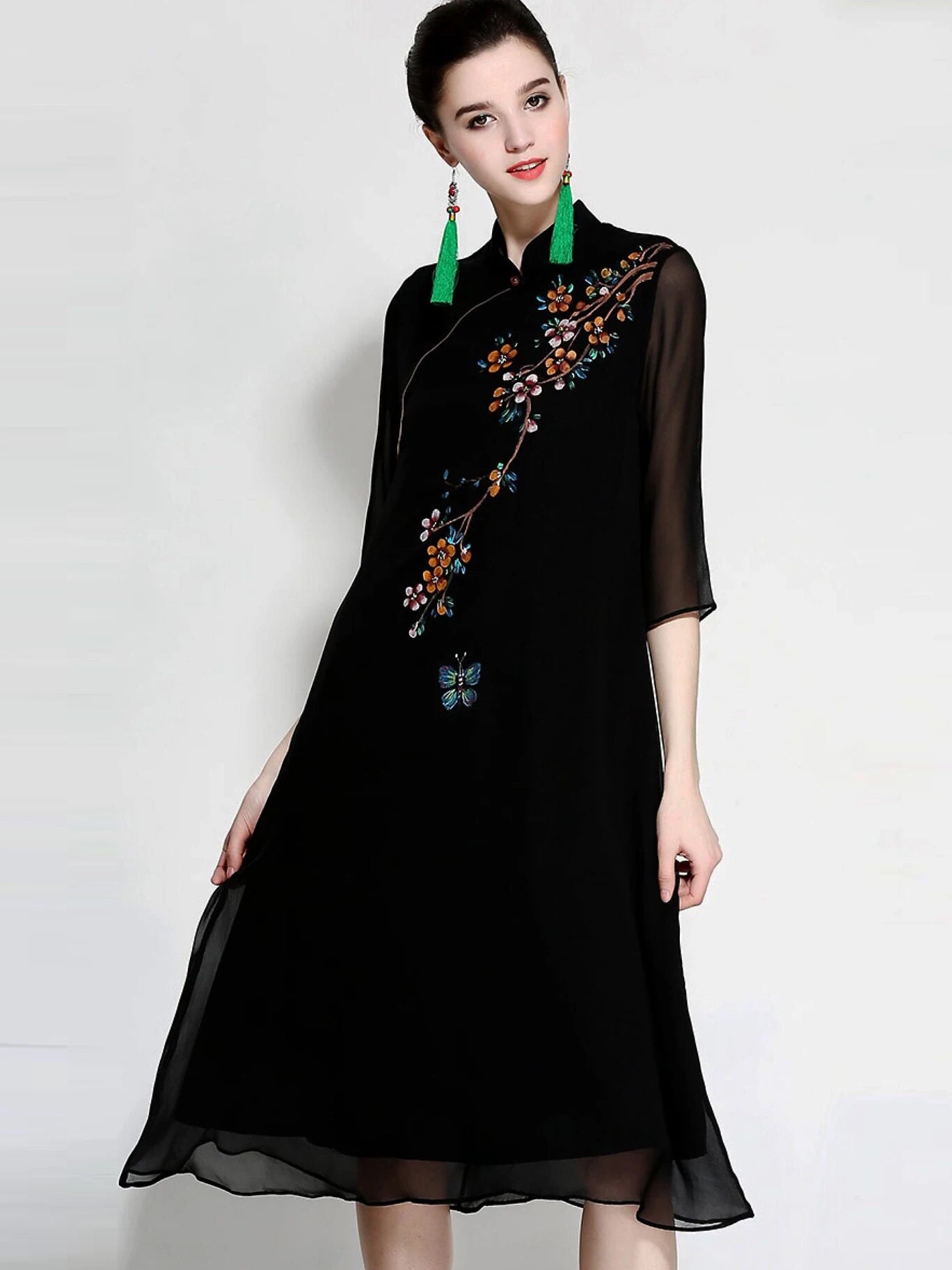 Women Summer Silk Qipao Dress Slim Fit Retro Print
