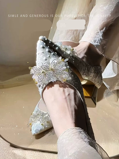 Women's Pointed High Heel Crystal Wedding Shoes, Comfortable Thick Sole
