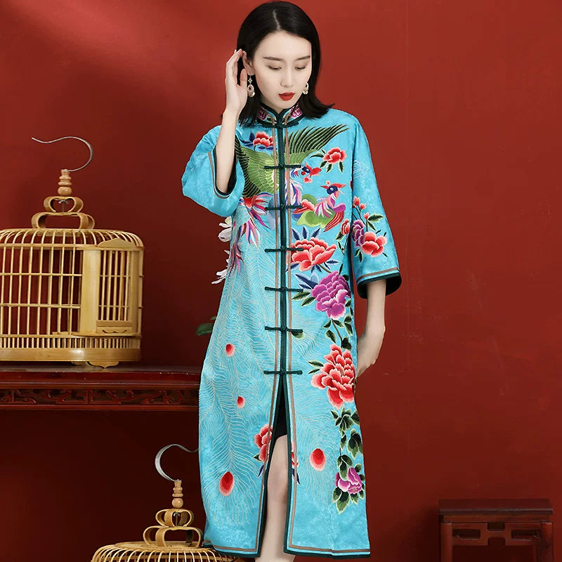 Custom Chinese‑Style Qipao Dress Hand‑Embroidered Blue Long Plus‑Size
