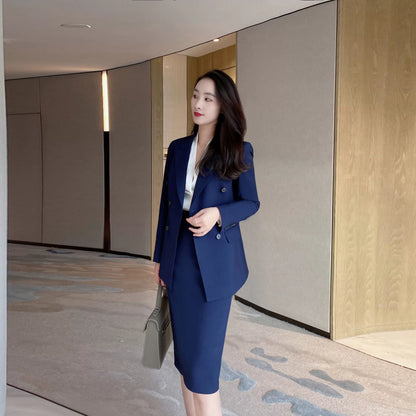 Navy Blue Autumn Classic Business Suit with Fitted Skirt