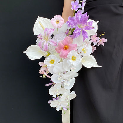 Light Pink Purple Hand-Held Phalaenopsis Waterfall Drop-Shaped Wedding Bouquet
