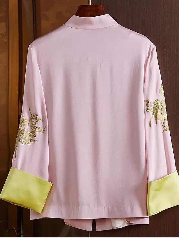 Women's Loose Pink Embroidered Cardigan With Phoenix Design