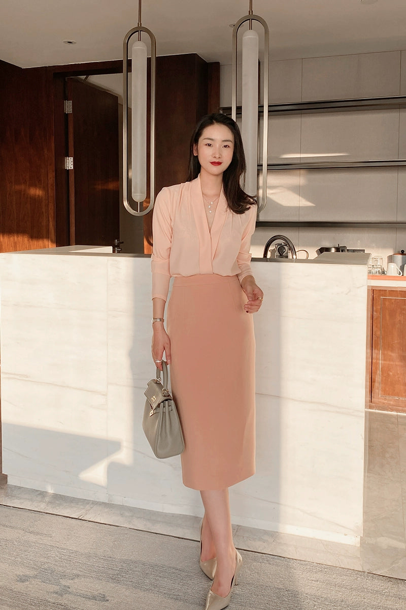 Spring Fuchsia Long-Sleeve V-Neck Loose Fit Elegant Women's Shirt