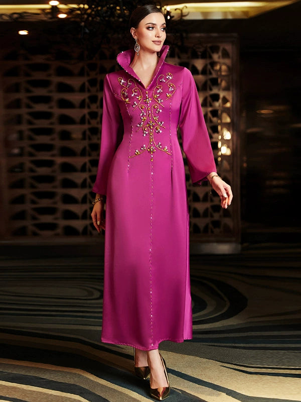 Elegant Rose Pink Long Evening Dress with Crystal Embroidery