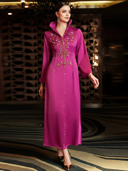 Elegant Rose Pink Long Evening Dress with Crystal Embroidery