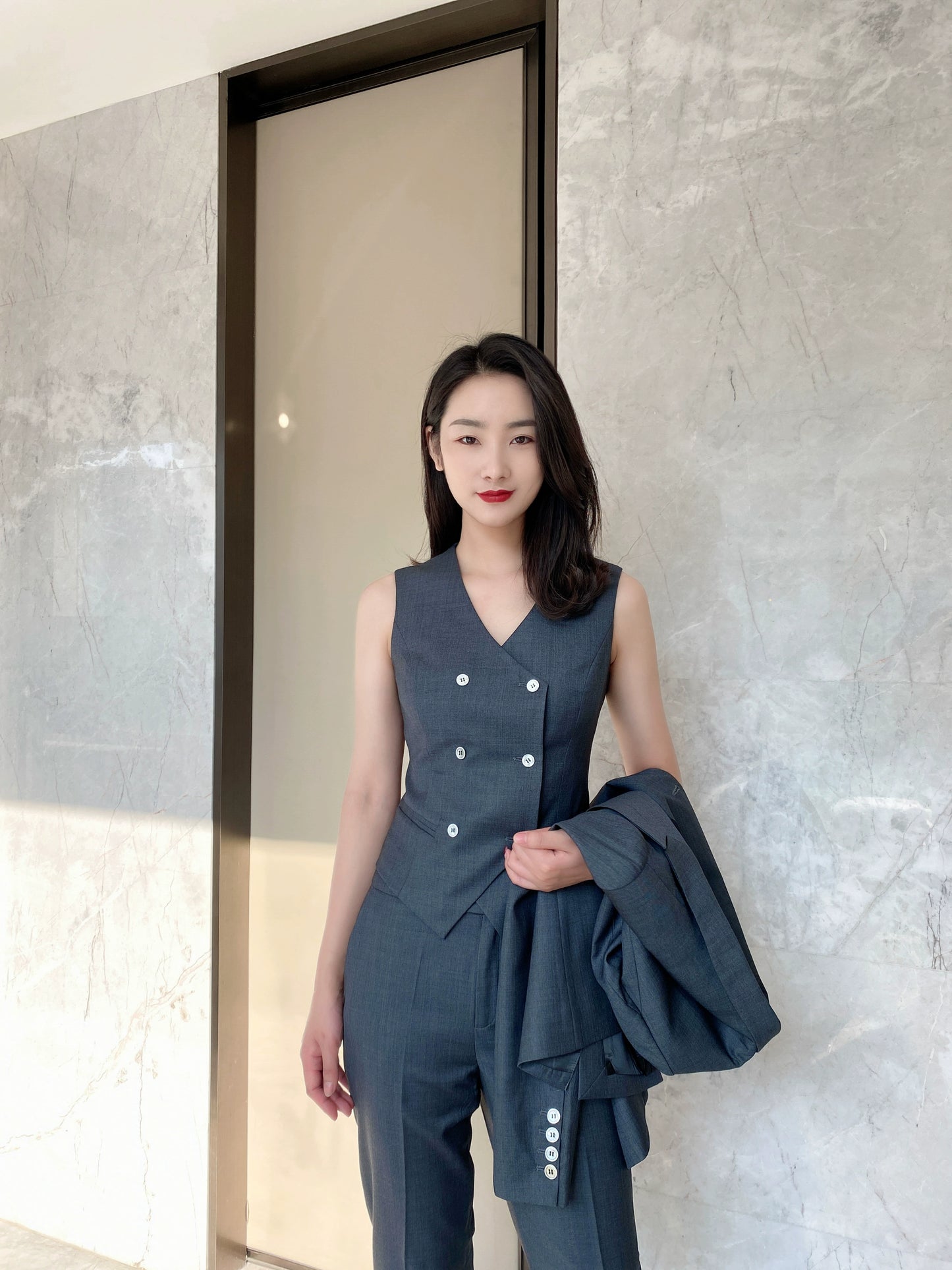 Women's Dark Grey Spring Autumn 3-Piece Suit Vest & Trousers