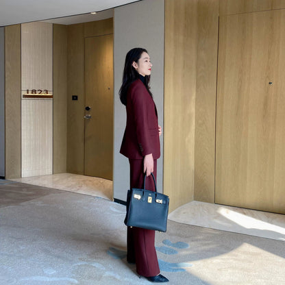 Red One-Button Wool Suit Elegant Wide-Leg Trousers for Women