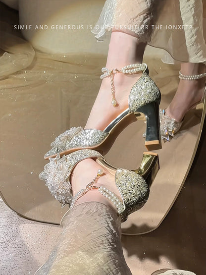 Champagne Chunky Heel Two-Way Wedding Shoes with Water Crystal Sequin