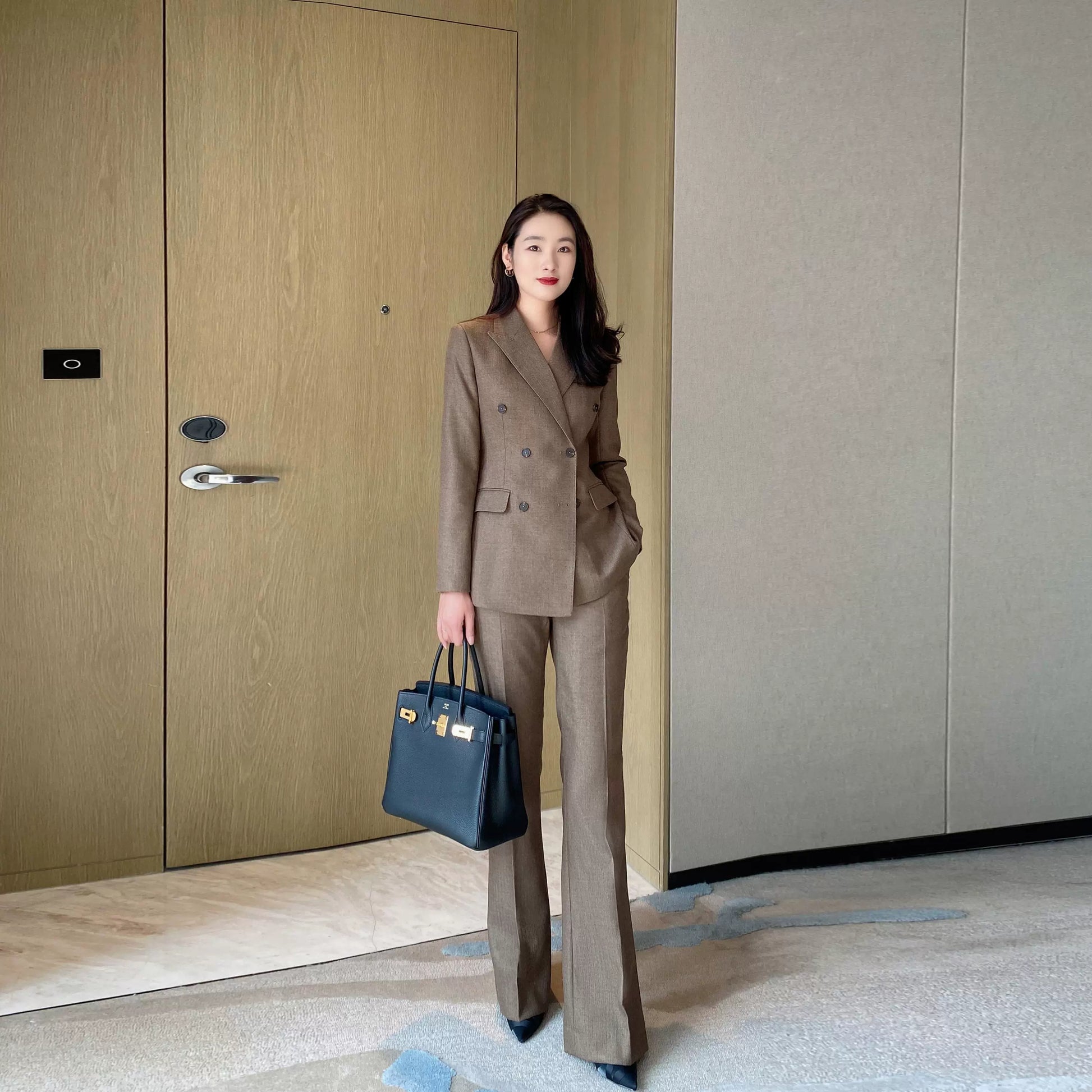 Elegant Winter Woolen Suit with Flared Trousers Classic Coffee Color