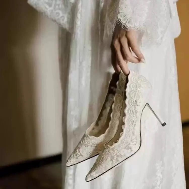 White Lace Wedding Stiletto Heels 8cm For Bride
