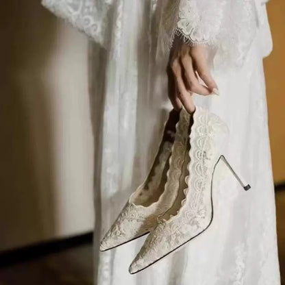 White Lace Wedding Stiletto Heels 8cm For Bride
