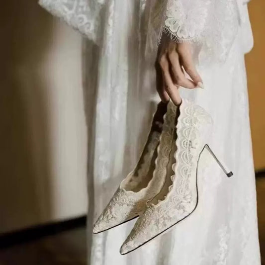 White Lace Wedding Stiletto Heels 8cm For Bride