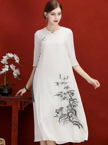 Women’s Summer Retro Cheongsam Dress Embroidered Round Neck