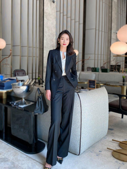 Elegant Black Autumn Suit Set Tailored Jacket and Wide‑Leg Trousers