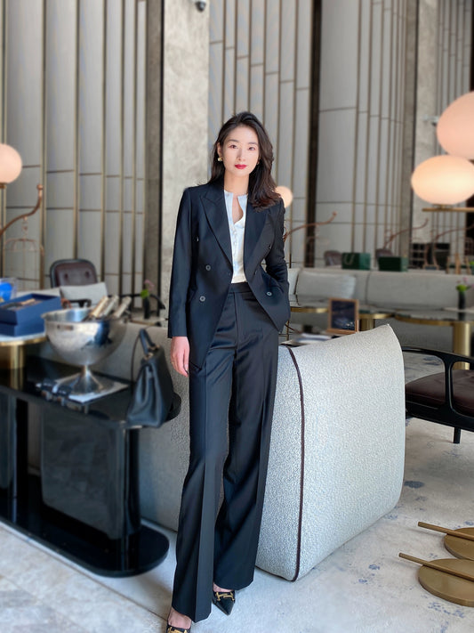 Elegant Black Autumn Suit Set Tailored Jacket and Wide‑Leg Trousers