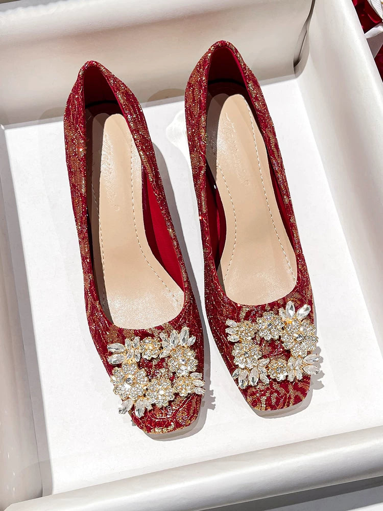 Square Toe Bridal Shoes 2025 Two‑Way Crystal Stiletto Red Heel