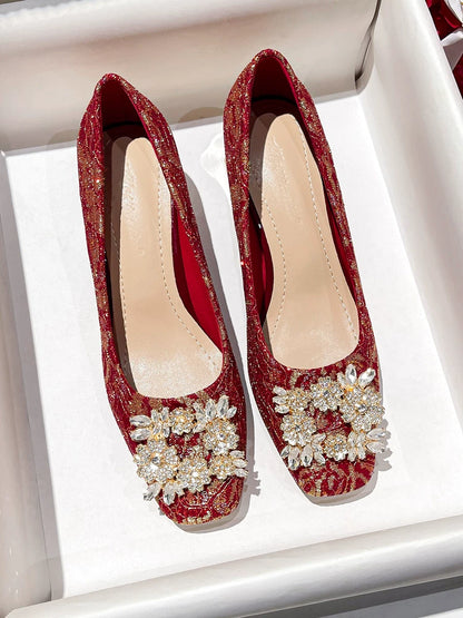 Square Toe Bridal Shoes 2025 Two‑Way Crystal Stiletto Red Heel