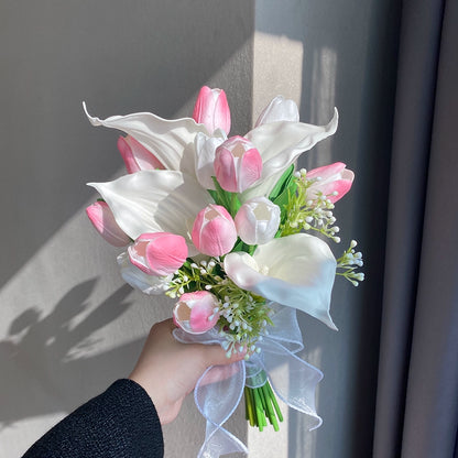 Two bunches of two-in-one simulated flowers, pink tulip calla lily, hand-held flowers, wedding certificate and graduation photo