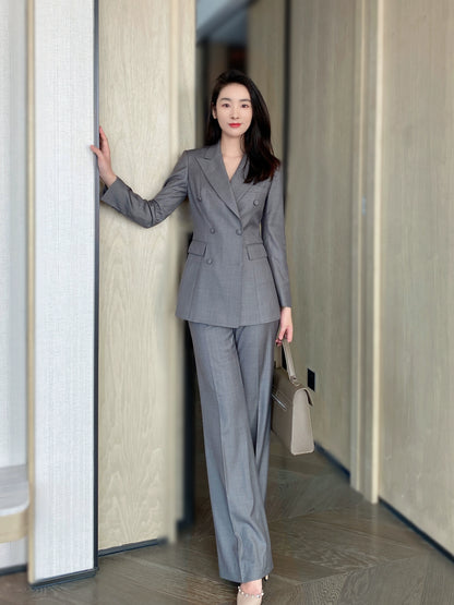 Medium Gray Autumn Classic Women’s Suit Jacket and Trousers Set