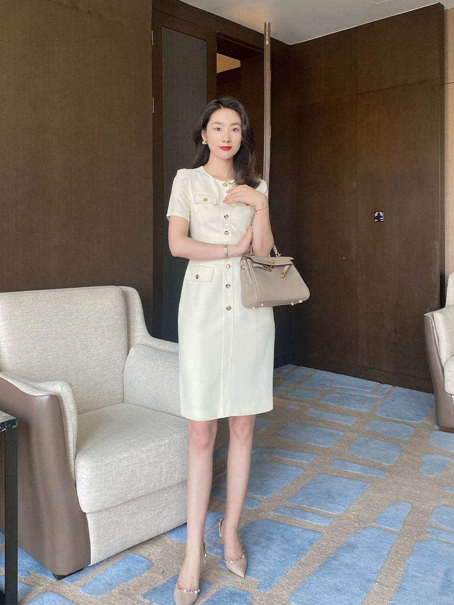 Summer White Fitted Short Sleeve Dress with Waist Belt