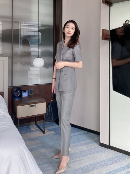High-End Light Grey Short‑Sleeve Summer Suit Set for Office