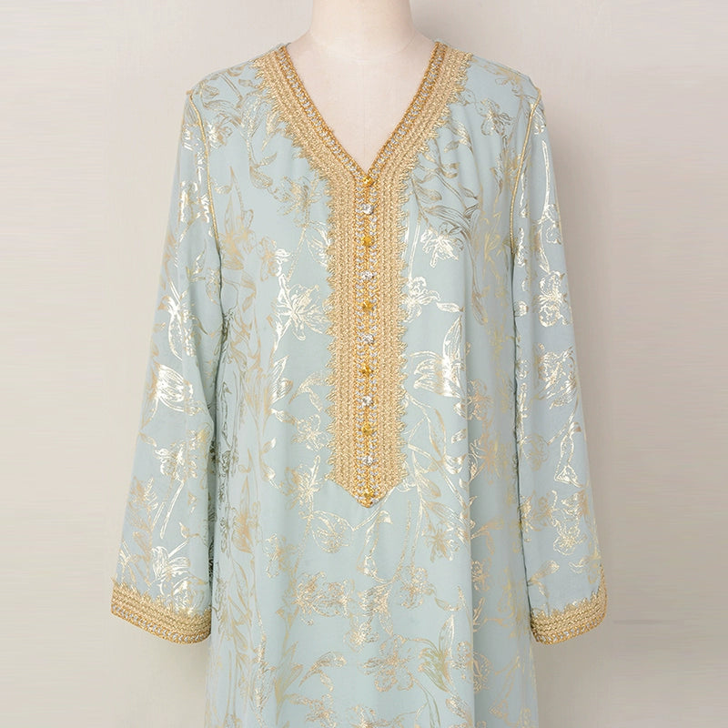 Elegant Light Green Long Sleeve V?Neck European A?Line Skirt