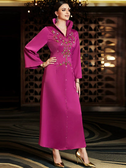 Elegant Rose Pink Long Evening Dress with Crystal Embroidery