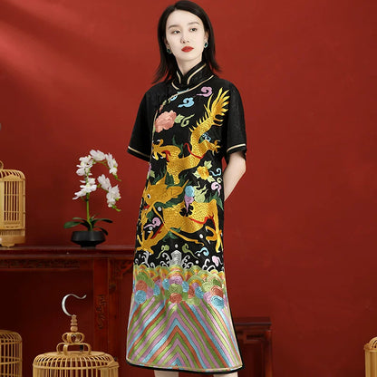 Custom Chinese Style Qipao Dress, Loose Hand‑Embroidered Dragon, Black