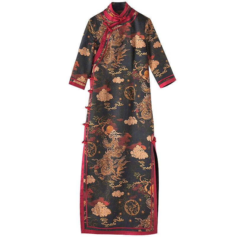 Chinese Style Qipao Dress With Dragon Print, Heavy Silk Chiffon