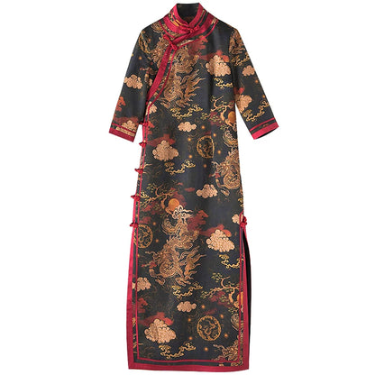 Chinese Style Qipao Dress With Dragon Print, Heavy Silk Chiffon