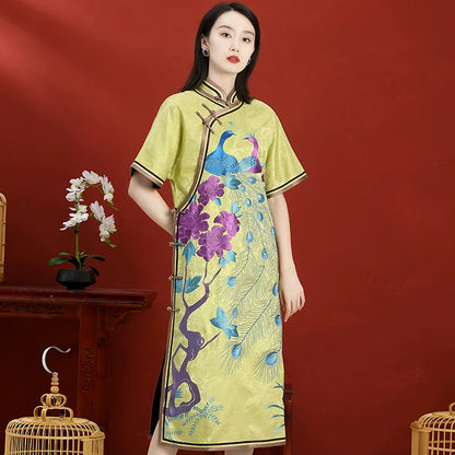 Elegant Mid-Length Hand-Embroidered Chinese Style Spring Autumn Dress