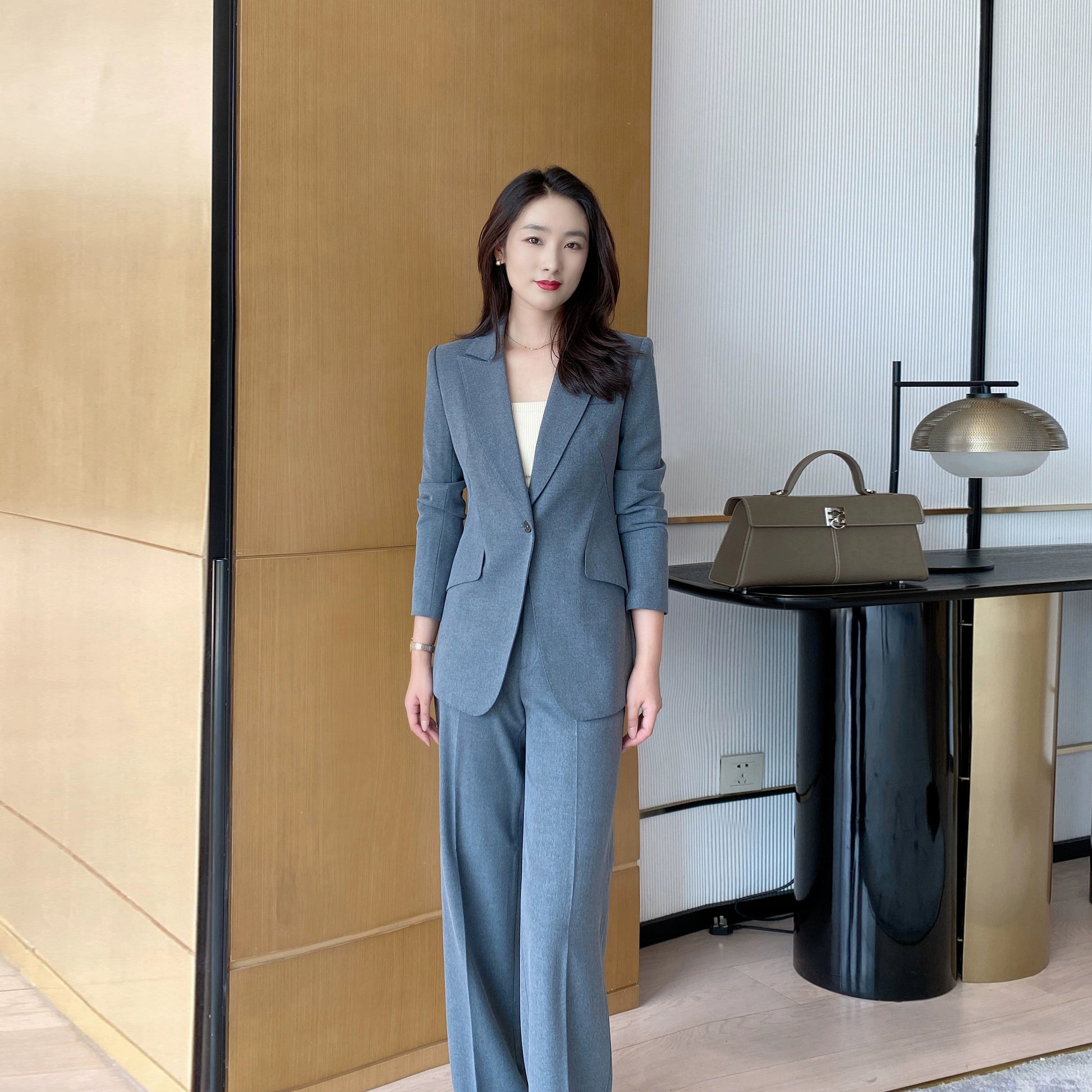 Elegant Grey Demi-Season Women's Suit Jacket Set with Trousers