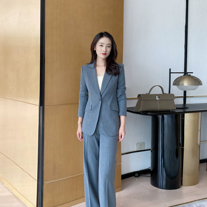 Elegant Grey Demi-Season Women's Suit Jacket Set with Trousers
